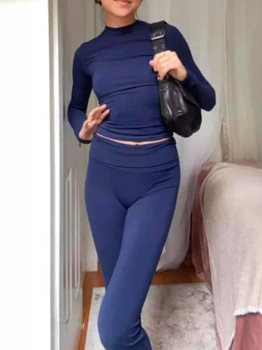 AYWA Women's 2 Piece Outfits Foldover Flare Pants Long Sleeve Crew Neck T-shirt Fitted Pajama Sets (Navy, Medium) - Image 5