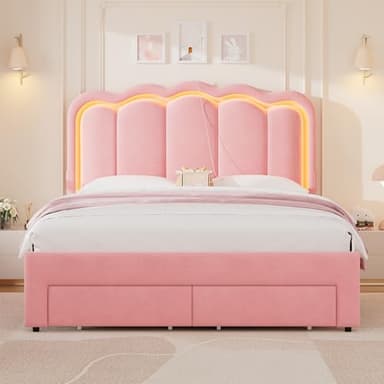 Queen Upholstered LED Bed Frame with 2 Storage Drawers and Adjustable Chic Double Wavy Headboard, Velvet Princess Platform Bed with Charing Station, Solid Wood Slats Support,No Box Spring Needed, Pink - Image 8