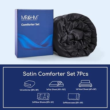 MR&HM Satin Comforter Queen 7 Pieces - Luxurious Pinch Pleat Bedding Set with Comforter, Flat Sheet, Fitted Sheet, Pillowcases & Shams, Super Silky Soft Bed Set for All Season (Queen, Black) - Image 2