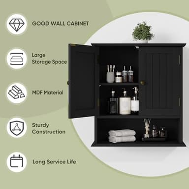 Smuxee Black Wall Cabinet, Small, 2-Door Medicine Cabinet with Adjustable Shelves, Over Toilet, For Kitchen and Laundry Rooms - Image 7