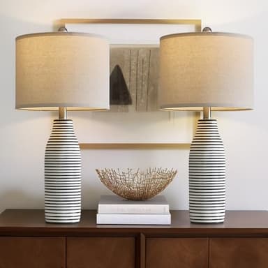 USumkky 25" Ceramic Table Lamps Set of 2 Beside Lamps for Living Room Modern Bedroom Lamps for Night Stands with Rotary Switch Black and White Stripes - Image 7