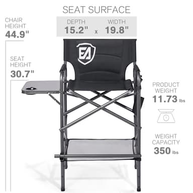 EVER ADVANCED 30.7" Seat Height Directors Chair for Makeup Artist with Side Table Easy Get in Out for Elderly Tall Camping Chair Supports 350lbs Black - Image 9