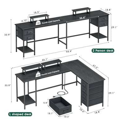 Korfile 66" L Shaped Computer Desk, 94.4'' Home Office Desk with Power Outlets, 4 Adjustable Storage Drawers & 2 Monitor Stands, Large Two Person Gaming Table for Writing Study, Black - Image 3