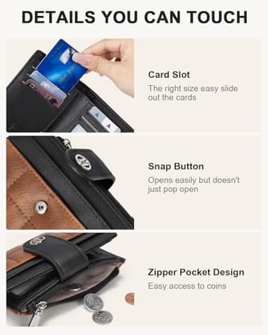 BOSTANTEN Small Wallet for Women Leather RFID Blocking Card Holder Bifold Compact Wallets With Zipper Coin Pocket Black＆Brown - Image 3