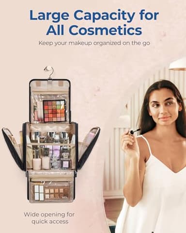 BAGSMART Hanging Travel Toiletry Bag, Large Capacity Water-resistant Cosmetic Organizer with Handle for Brushes Accessories, Black - Image 3