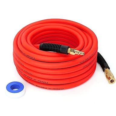FYPower Air Compressor Hose 3/8 Inch x 50 Feet Hybrid Hose with Fittings, Flexible and Kink Resistant, 1/4" Industrial Quick Coupler and Plug Kit - Red - Image 1