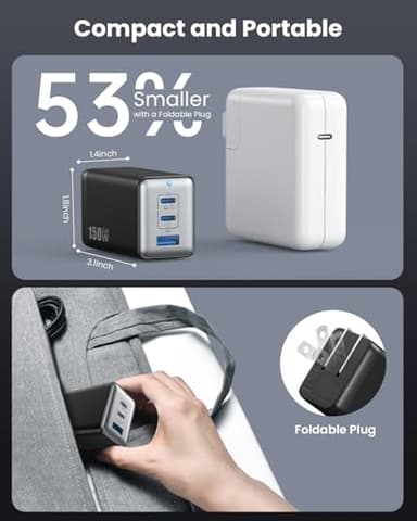 150W USB C Charger Block,GaN III Compact Foldable Wall Charger 3 Port Fast Charging Station,PD QC PPS Portable USB C Hub 100W Laptop Adapter for MacBook Pro/Air,iPad,iPhone 16/Pro,Galaxy S24,Dell etc - Image 5