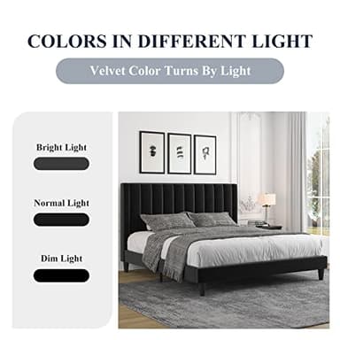 Allewie Queen Bed Frame/Velvet Upholstered Bed Frame with Vertical Channel Tufted Headboard/Strong Wooden Slats/Platform Bed Frame/Mattress Foundation/Box Spring Optional/Easy Assembly/Black - Image 5