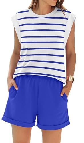 RUBZOOF Lounge Sets for Women Striped 2 Piece Outfits Cap Sleeve Pajama Sets Casual Loungewear Summer Royal Stripe XL - Image 4