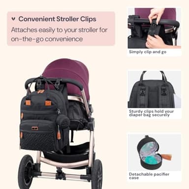 BabbleRoo Diaper Bag Backpack - Baby Essentials Travel Tote - Multi Function Water Resistant Diaper Bag, Travel Essentials Baby Bag with Changing Pad, Stroller Straps & Pacifier Case - Unisex, Black - Image 7