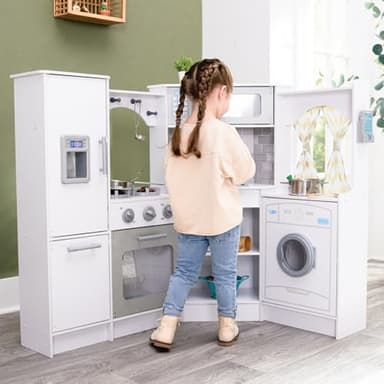 KidKraft Ultimate Corner Wooden Play Kitchen with Lights & Sounds, Play Phone and Curtains, White - Image 2