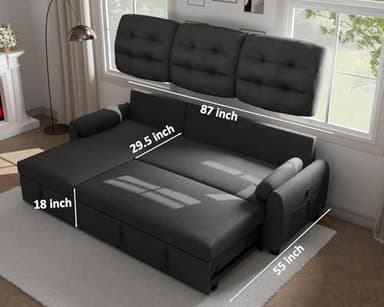 Ucloveria Sectional Sofa Couch, 87" Sleeper Sofa Bed with Reversible Storage Chaise Pull Out Couch for Living Room | Side Pocket | Charging Station | Removable Backrest | Linen Fabric, Dark Grey - Image 2