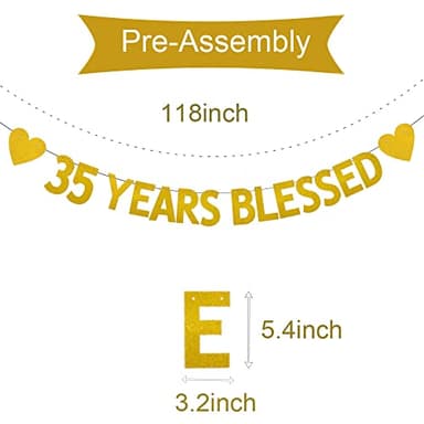 XIAOLUOLY Gold 35 YEARS BLESSED Glitter Banner,Pre-Strung,35th Birthday/Wedding Anniversary Party Decorations Bunting Sign Backdrops,35 YEARS BLESSED - Image 2