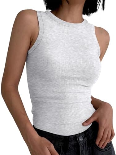 ANRABESS Womens Sleeveless High Neck Tank Tops Fashion Summer Casual Basic Slim Fit Ribbed Racerback Top Shirt Clothes Light Gray Small - Image 2