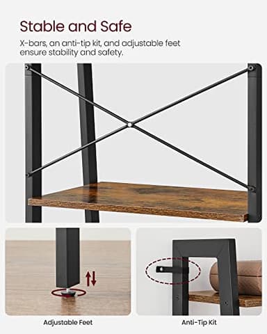 VASAGLE Ladder Shelf, 5-Tier Bookshelf, Storage Rack, Bookcase with Steel Frame, for Living Room, Home Office, Kitchen, Bedroom, Industrial Style, Rustic Brown and Ink Black ULLS45X - Image 5
