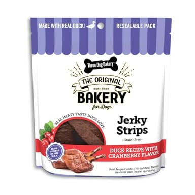 Three Dog Bakery Jerky Strips Duck Recipe with Cranberries, 5 oz - Duck Jerky for Dog Training Treats, Human-Inspired Dog Treats for Puppy Training, Dog Training - Image 1