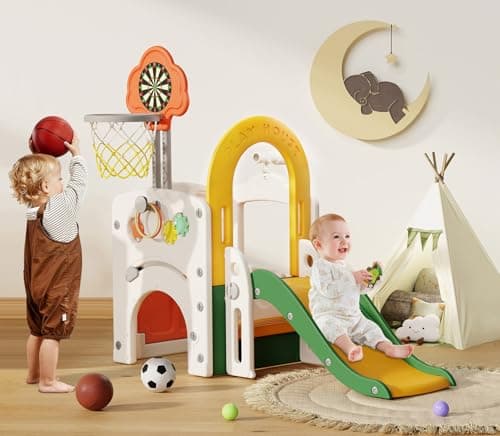 BIERUM Toddler Slide, Baby Slide for Toddlers Aged 1-3, with Adjustable Basketball Hoop, Soccer, Dart Board and Pretend Shopping Window, Multi-Functional Playset for Indoor Outdoor Use - Image 1