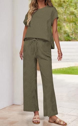 PRETTYGARDEN 2 Piece Outfits For Women Casual Tracksuit Short Sleeve Tops And Wide Leg Long Pants Matching Lounge Sets(Army Green,Large) - Image 2