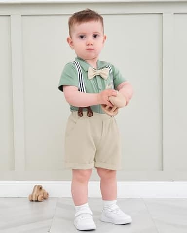 SANMIO Baby Boy Clothes Suits 0-24M Infant Gentleman Wedding Outfits, Short Sleeve Dress Romper Bowtie+Detachable Suspenders - Image 2