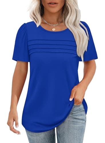 T Shirts for Women Short Sleeve Cute Summer Tops Business Casual Blouses Flowy Trendy Plus Size Fashion Pleated Shirts Royal Blue 4XL - Image 1