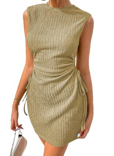 Acelitt Women's Summer Dresses 2025 Beach Casual Crewneck Loose Sundress Ribbed Cut Out Mini Dress Khaki - Image 1
