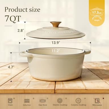 Overmont Enameled Cast Iron Dutch Oven - 7QT Pot with Lid Cookbook & Cotton Potholders - Heavy-Duty Cookware for Braising, Stews, Roasting, Bread Baking Cream White - Image 6