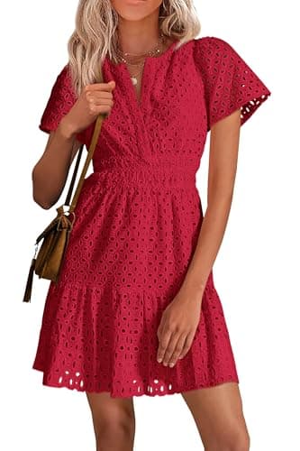 PRETTYGARDEN Womens 2025 Summer Short Dress V Neck Short Sleeve A Line Hollow Out Lace Ruffle Cute Casual Beach Party Dresses (Red,Large) - Image 1