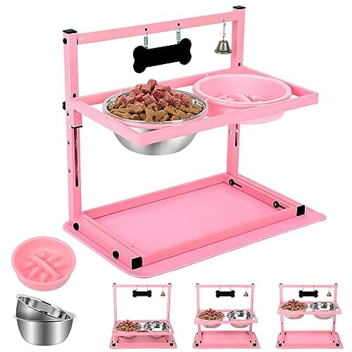 SHAINFUN Pink Elevated Dog Bowl Stand with Two 1700ml Stainless Steel Food Bowls, Slow Feeder and Spill Proof Mat, Adjustable Feeder for Large, Medium and Small Dogs - Image 1