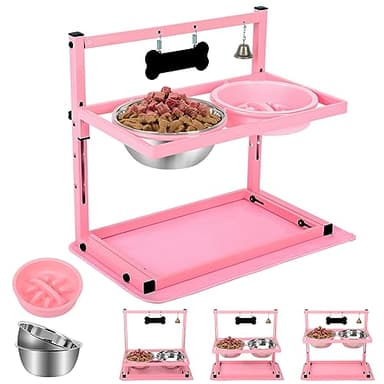 SHAINFUN Pink Elevated Dog Bowl Stand with Two 1700ml Stainless Steel Food Bowls, Slow Feeder and Spill Proof Mat, Adjustable Feeder for Large, Medium and Small Dogs - Image 1