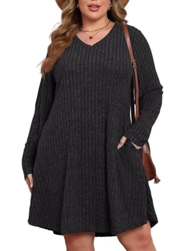 BELAROI Plus Size Sweater Dress Curvy Women Fall Dresses Winter V Neck Long Sleeve Pockets Tshirt Dress Loose Fit (3X, Dark Gray) - Image 1