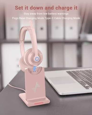 Wireless Headset with AI Noise Cancelling Microphone Bluetooth Headset - Bluetooth V5.2 Headphones with USB Dongle, Charging Base & Mic Mute for Computer/Laptop/PC/iPhone/Android/Cell Phones (Pink) - Image 2