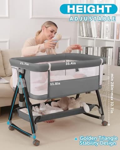 wayfong Baby Bassinet, Bassinet Bedside Sleeper with Wheels, Breathable Mesh Bedside Bassinet for Baby, Mosquito Net, Storage Basket, 6 Height Adjustable, Easy to Fold, Grey - Image 2
