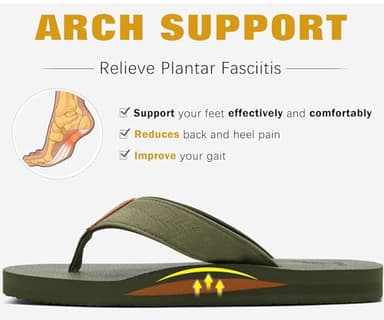 KuaiLu Men's Leather Flip Flops Arch Support Summer Beach Pool Water Thong Sandals Waterproof Rubber Walking Shoes Slip on Orthotic Casual Sport Cushioned Slides Shower Slippers Army Green Size 10.5 - Image 4