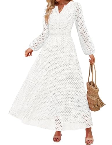 ZESICA Women's 2025 Fall Long Sleeve Maxi Dress V Neck Hollow Out Eyelet A Line Long Flowy Casual Party Dresses White Medium - Image 1