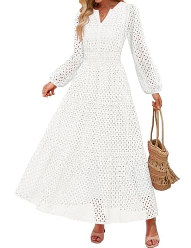 ZESICA Women's 2025 Fall Long Sleeve Maxi Dress V Neck Hollow Out Eyelet A Line Long Flowy Casual Party Dresses White Medium - Image 1