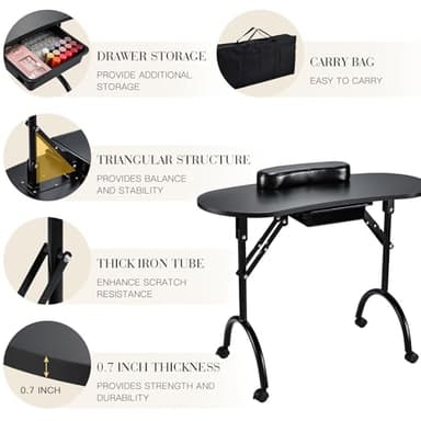 Joligrace Professional Foldable & Portable Manicure Table Nail Technician Desk Workstation with Rolling Wheels Large Drawer Client Wrist Pad Free Carrying Bag Travel Nail Tech Spa Beauty Table, Black - Image 4