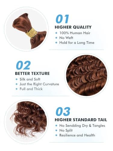 Human Braiding Hair for Boho Braids 100g 18 Inch Auburn Brown Curly Boho Hair for Braiding Knotless 12A Deep Wave Bulk Bohemian 2 Bundles/Pack Color 30 - Image 4