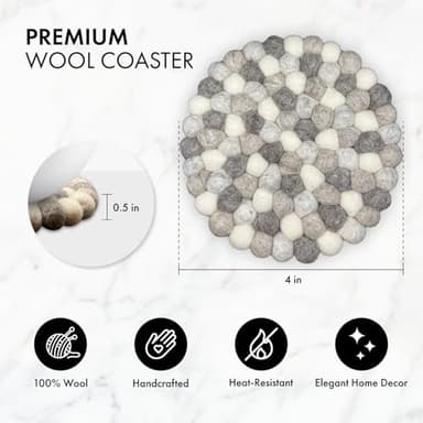 Set of 4-100% Wool Coasters for Drinks. Premium Quality, Heat Resistant, Table Protector | Handcrafted in Nepal | 10cm / 4in (Neutral) - Image 5