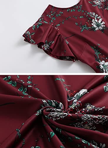 HELYO Women's Semi-Formal Ruffle Sleeves V-Back Work Fit and Flare Cocktail Wedding Guest Dress with Pockets 842 XL Burgundy Floral - Image 5