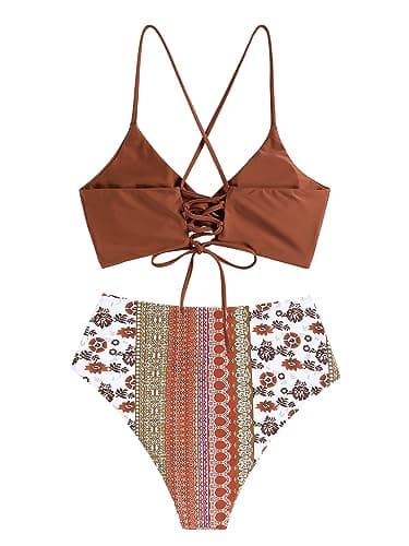 ZAFUL Twist High Waisted Bikini for Women Cross Lace Up Bathing Suit Ruched Bikini Swimsuits Tummy Control Swimwear Orange Tribal L - Image 3