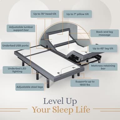 Sven & Son Bliss Adjustable Bed Base-Frame Only, Head and Foot Lift, Lumbar Support, Head-Pillow-Tilt, Massage, Under-Bed Lights, USB, Memory Positions, Zero Gravity - Split King - Image 4
