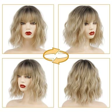 MISSQUEEN Ombre Short Blonde Wigs with Bangs Synthetic Wavy Blond Bob Wig Curly Heat Resistant Blonde Hair Wig for Women Daily Party Halloween Use - Image 5