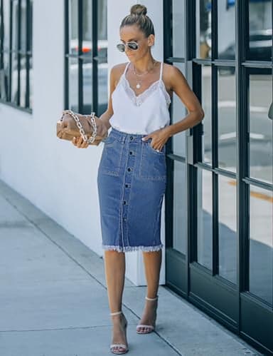 luvamia Women's Casual Button Down Frayed Raw Hem Skirt Jean Skirts Jeans Skirt for Women Jeans Skirt for Women Medium Blue Medium Fits Size 8 Size 10 - Image 3