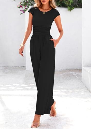PRETTYGARDEN Summer Jumpsuits for Women Dressy 2025 Ribbed Cap Sleeve Wide Leg Pants Rompers Elegant Casual One Piece Outfits (Black,Medium) - Image 7
