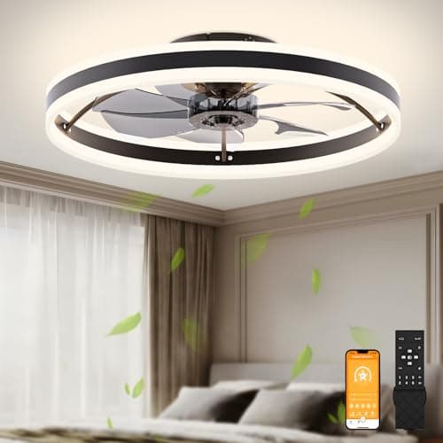 VOLISUN Low Profile Ceiling Fans with Lights and Remote, 23.6in Flush Mount Ceiling Fans with Light, 3000K-6500K Dimmable Fandelier LED Fan Light, Black Bladeless Ceiling Fans with Lights for Bedroom - Image 1
