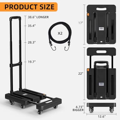 Folding Hand Truck, 500 LB Heavy Duty Luggage Cart, Utility Dolly Platform Cart with 6 Wheels & 2 Elastic Ropes for Luggage, Travel, Moving, Shopping, Office Use, Black - Image 2