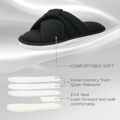 Cross House Slippers for Women, Comfy Memory Foam Women's Bedroom Slippers Open Toe Soft Woman Home Slipper Shoes Indoor Outdoor Summer Autumn Winter Use, Black Size 7-8 - Image 4