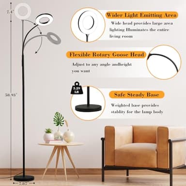 homakee LED Floor Lamp, 12W/1000LM Reading Light, 3 Color Temperatures Bright Floor Lamp, Adjustable Gooseneck Standing Lamp with Remote & Touch Control for Living Room, Bedroom, Office(Black) - Image 4