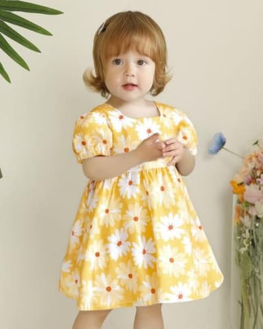 Toddler Girl Clothes 2T 3T Summer Outfit Girls Boho Daisy Swing Dress Princess Short Sleeve Casual Sundress Cute Toddler Yellow Dresses 2 3 Year Old - Image 2