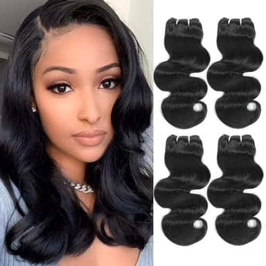 Body Wave Bundles Human Hair - 4 Bundles, 14/16 Inch, 100% Unprocessed Brazilian Virgin Hair Weave, Natural Black - Image 1